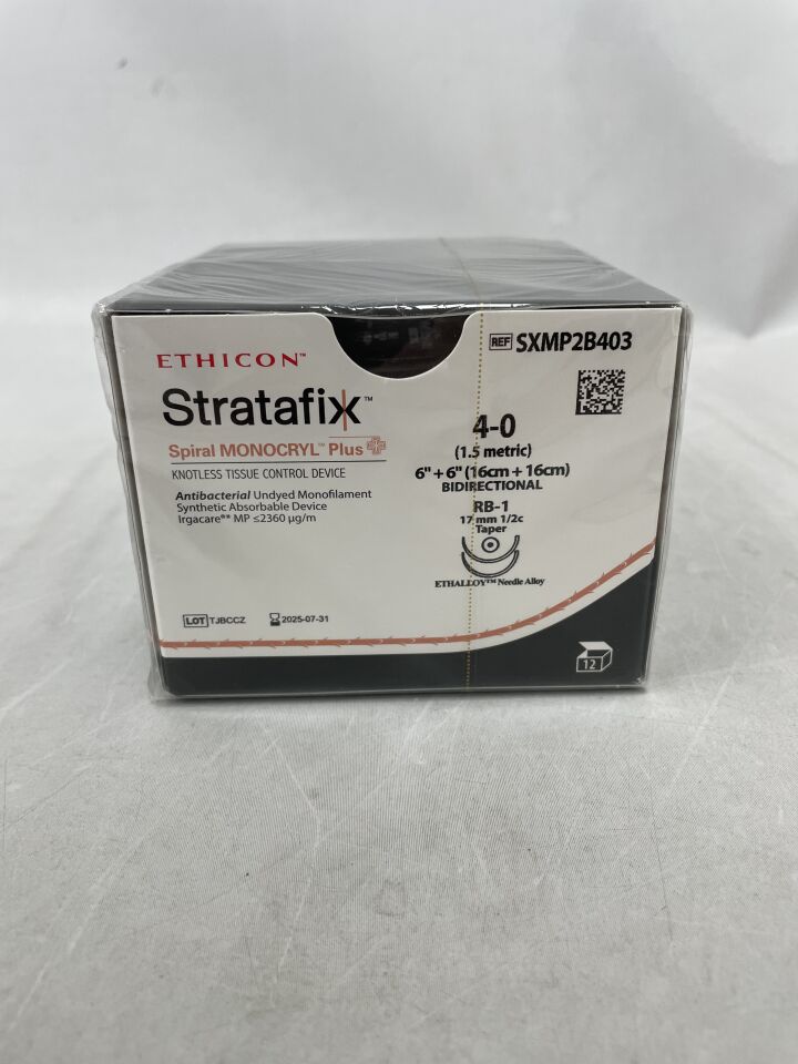 SXMP2B403 - ETHICON - STRATAFIX SPIRAL MONOCRYL PLUS，4-0號，未染色，RB-1針，16厘米 x 16厘米，（12支裝）-（有效期至：2025年7月31日）