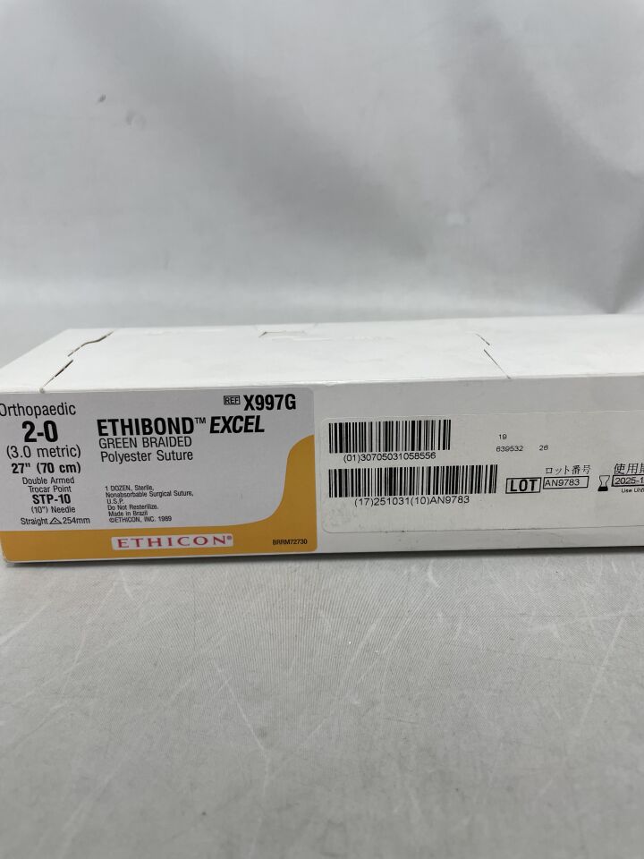 X997G - ETHICON - ETHIBOND EXCEL 聚酯縫合線，套管針尖，不可吸收，雙臂，STP-10 254mm / STP-10 直型，綠色編織 27" = 70cm，規格：2-0，（盒/12）-（有效期至：2025-10-315-10-315-10-325-10-315）