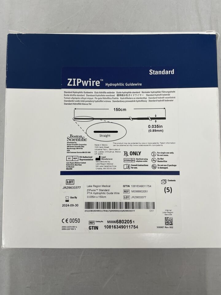 680205 - BOSTON SCIENTIFIC - ZIPWire Standard Hydrophilic Guidewire, 0.035" x 150cm, Straigh, () - ( Expiry Date: 2024-09-30 )