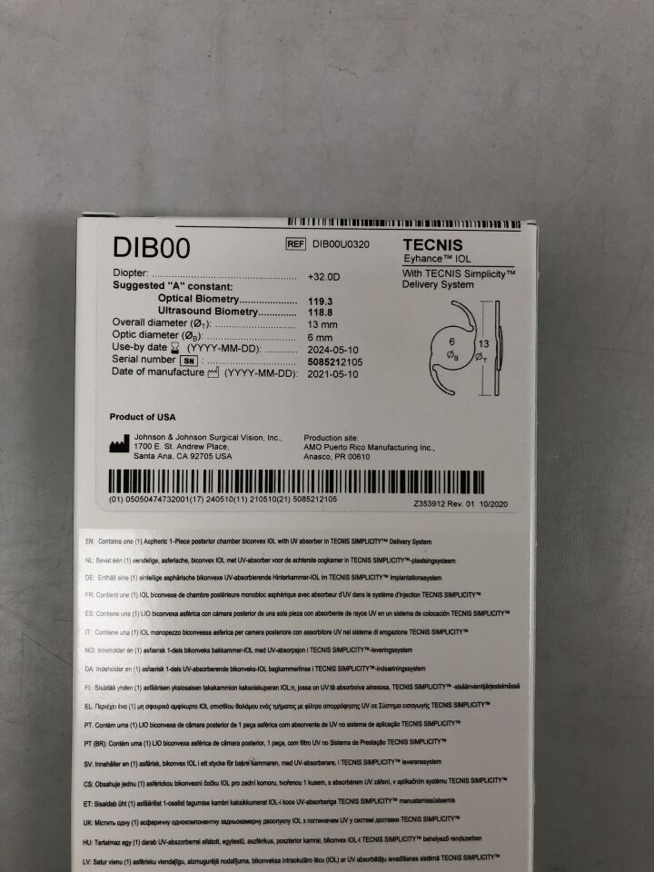 DIB00U0320 - JOHNSON & JOHNSON - TECNIS Eyhance IOL with TECNIS Simplicity Delivery System, +32.0D
, () - ( Expiry Date: 2024-05-22 )