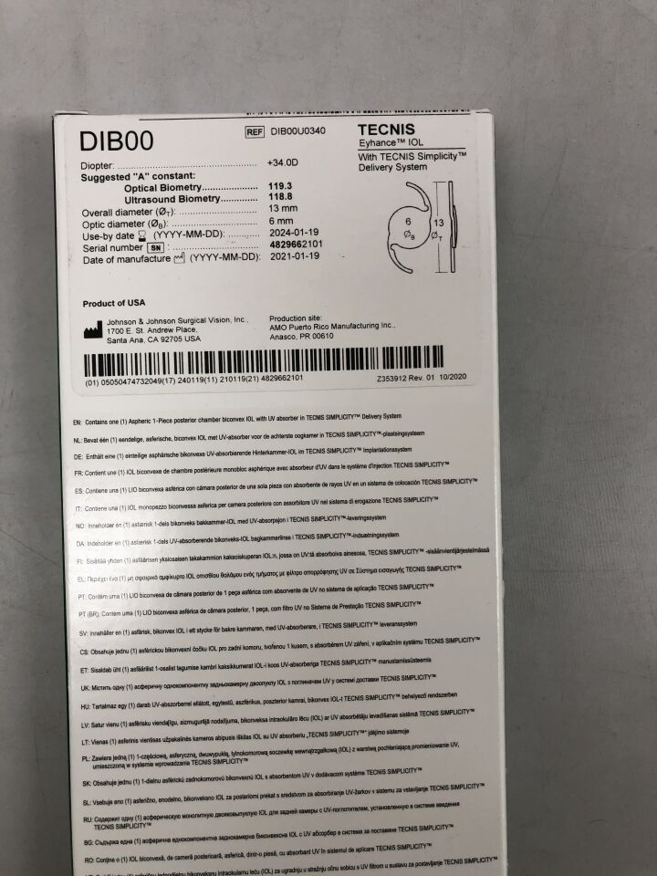 DIB00U0340 - JOHNSON & JOHNSON - tecnis simplicity iol eyhance u 34.0d, (BX/1)