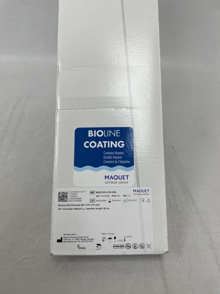 BEQ-PVS-2138-USA - MAQUET - Venous HLS Cannula, OD=21Fr, 3/8 connector without LL, insertion length 38cm, (BX/1) - ( Expiry Date: 2024-06-01 )