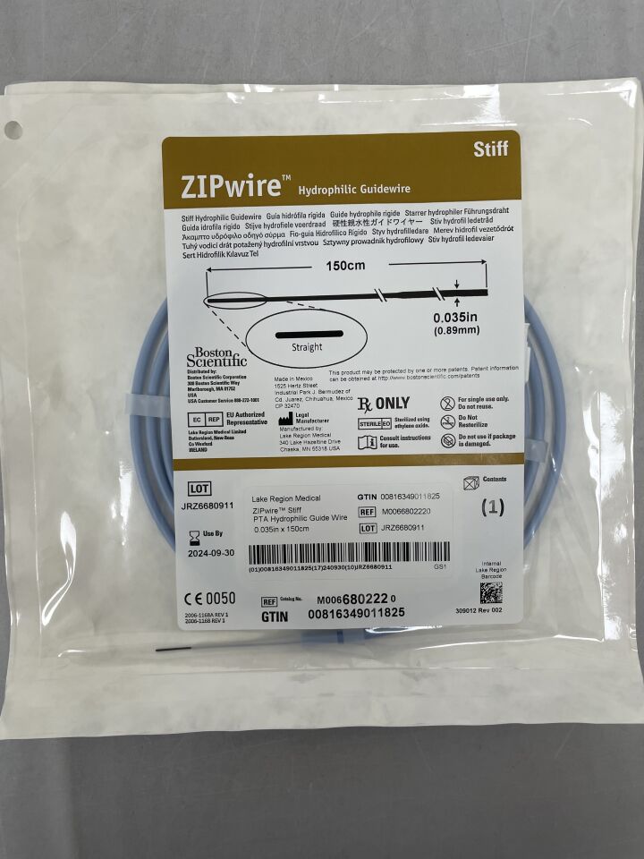 680222 - BOSTON SCIENTIFIC - ZIPwire Hydrophilic Guidewire - Stiff, Straight - .035" x 150cm, () - ( Expiry Date: 2024-09-30 )