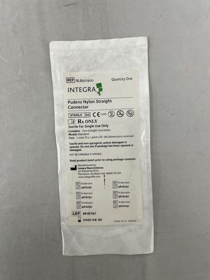NL8501900 - INTEGRA - Pudenz Nylon Straight Connector, 1.1 x  1.9mm, (EA) - ( Expiry Date: 2025-04-30 )