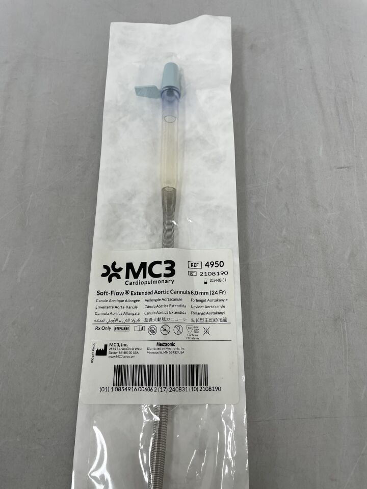 4950 - MC3 - soft flow extended 24f aortic cannula w/suture ring, non-vented 3/8", (EA) - ( Expiry Date: 2024-08-31 )