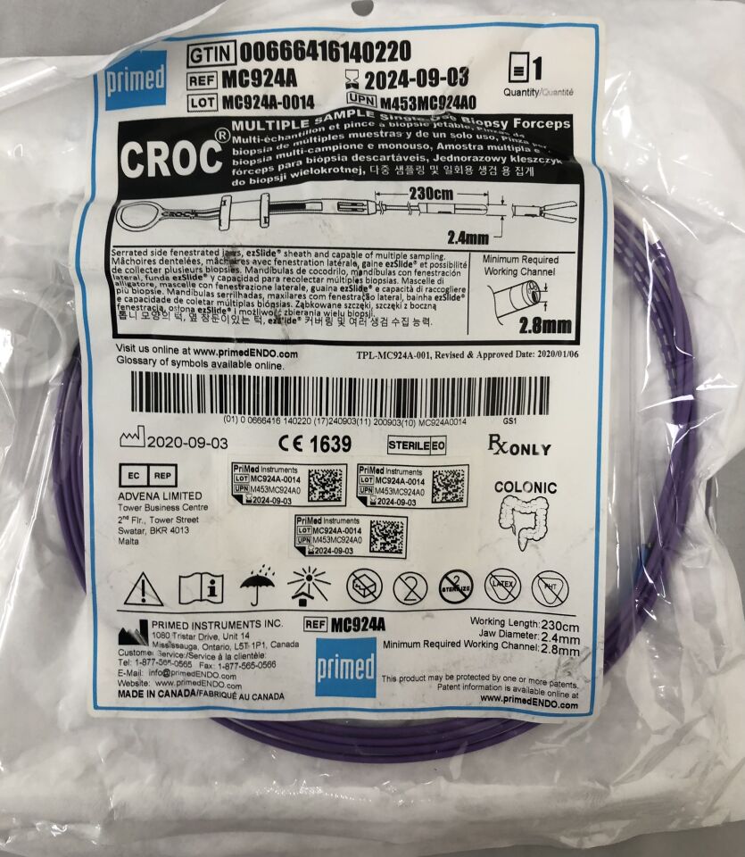MC924A - PRIMED INSTRUMENTS - CROC Multiple Sample Biopsy Forceps, 230cm working length x 2.4mm jaw diameter, Colonic, (EA) - ( Expiry Date: 2024-11-23 )
