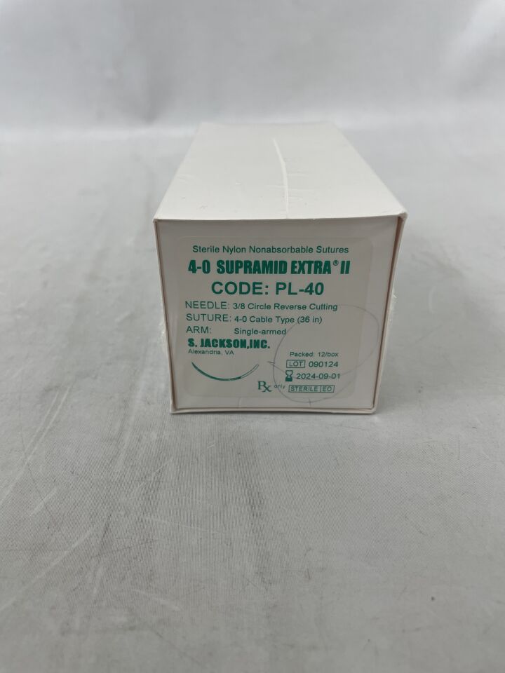 PL-40 - S.JACKSON - 3/8 Circle Reverse Cutting Needle (24.3mm), USP 4-0 SUPRAMID EXTRA white cable-type Nylon, 36", (BX/12)