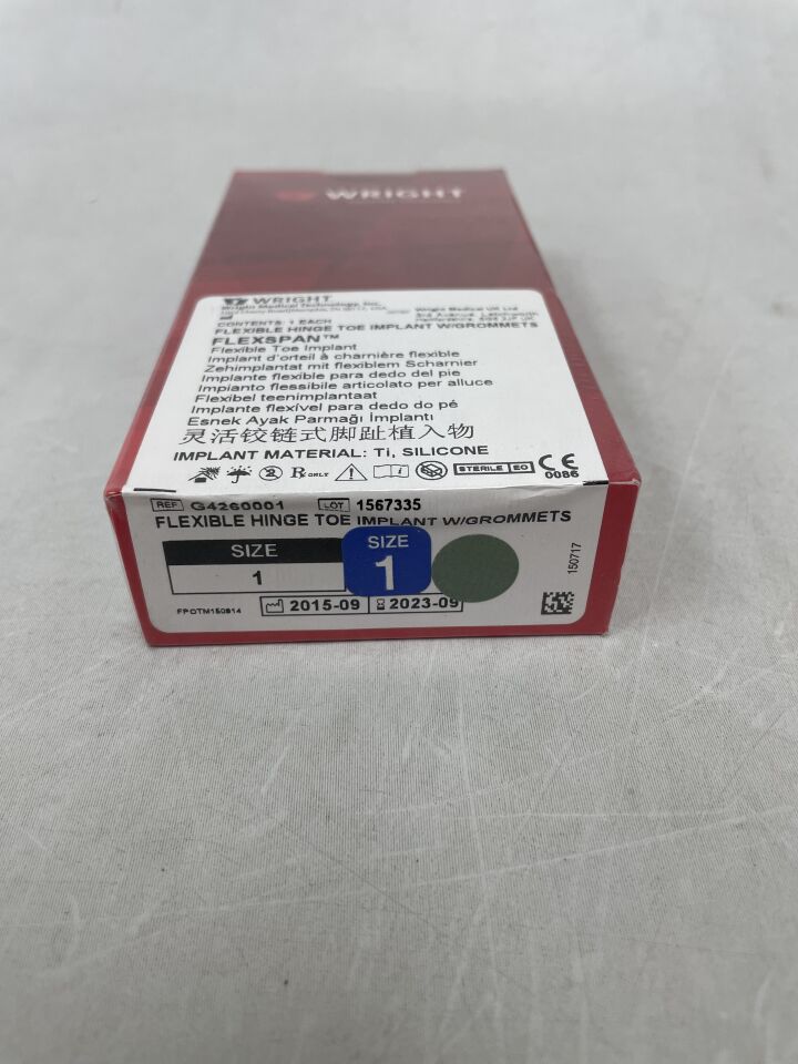 G4260001 - WRIGHT MEDICAL - Swanson Flexible Hinge Toe Implant with Grommets, Size 1, (BX/1) - ( Expiry Date: 2023-09-01 )