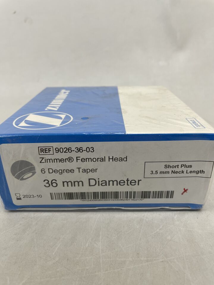 9026-36-03 - ZIMMER - Hip System Femoral Head, 6 Degree Taper, 36mm Diameter, S, +3.5 Neck Length, (BX/1) - ( Expiry Date: 2023-10-31 )
