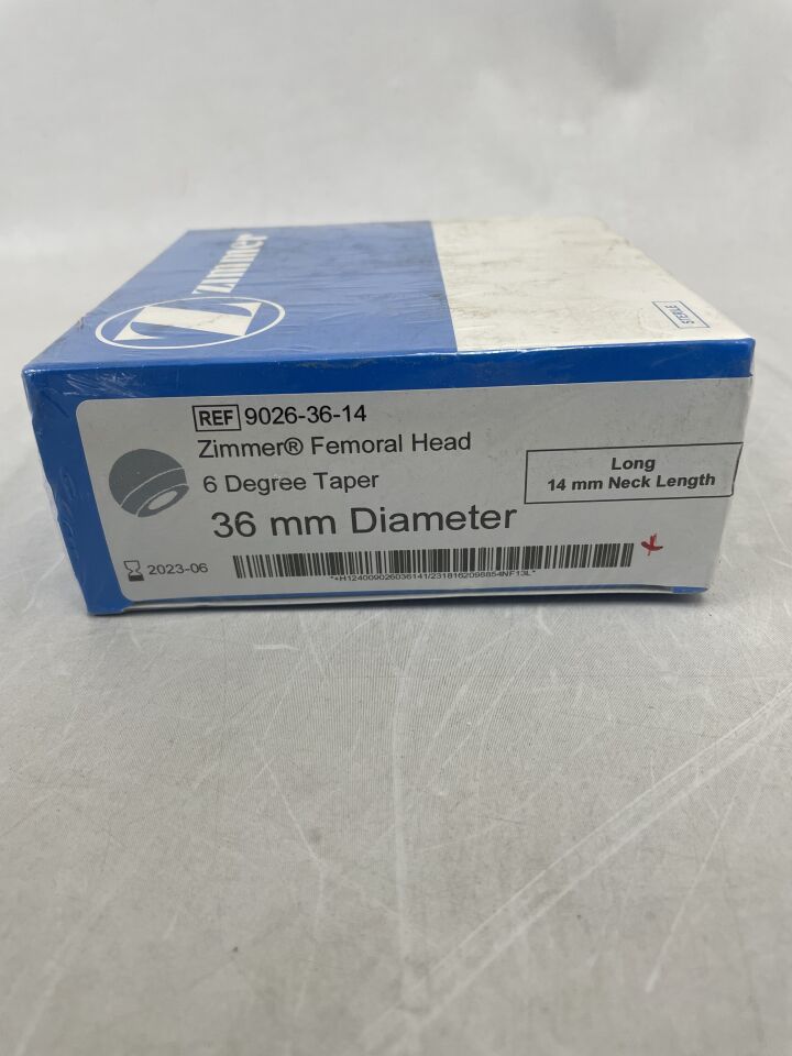 9026-36-14 - ZIMMER - Hip System Femoral Head, 6 Degree Taper, 36mm Diameter, L, +14mm Neck Length, (BX/1) - ( Expiry Date: 2023-06-30 )