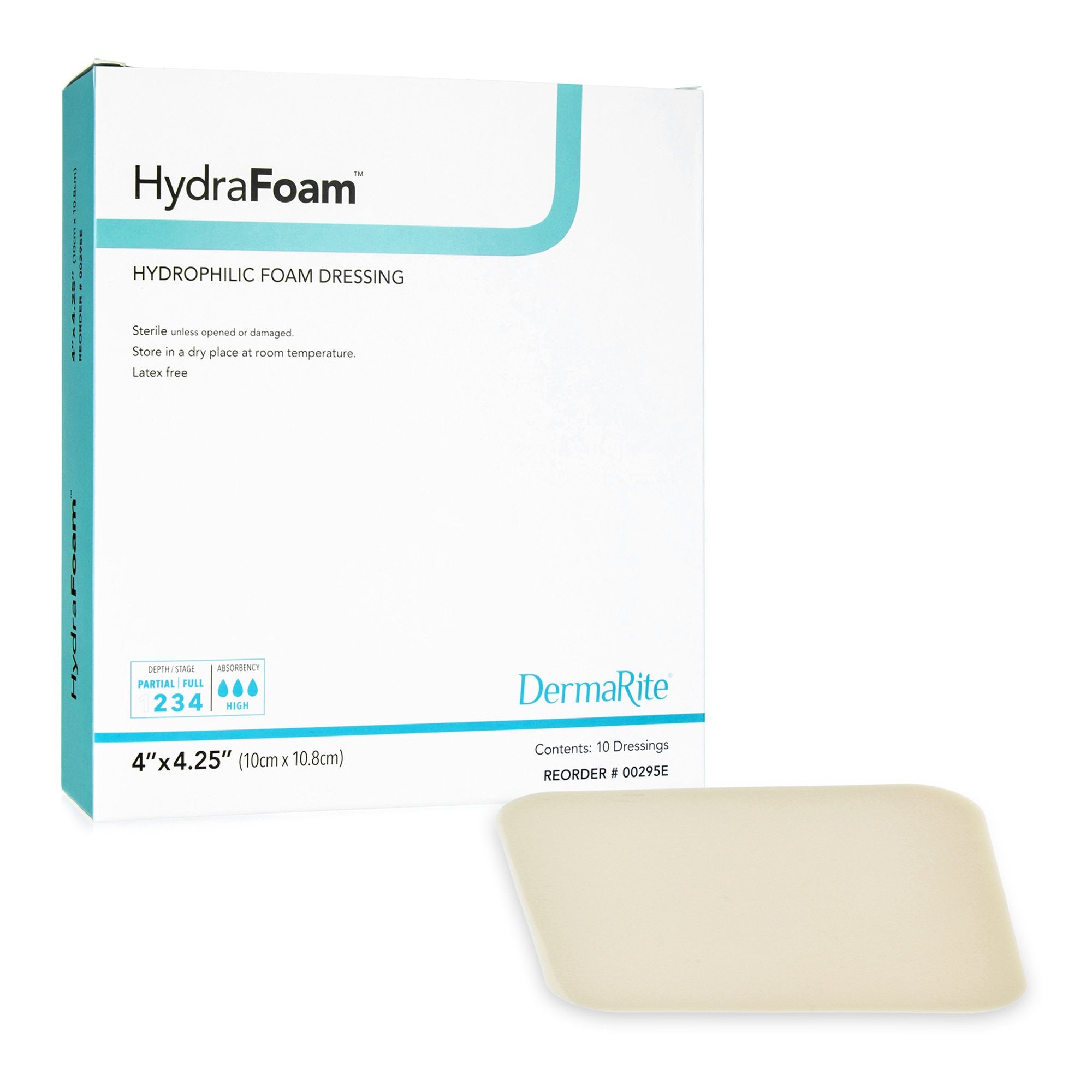 719722 - HydraFoam - HydraFoam Foam Dressing 4 X 4-1/4 Inch Without Border Waterproof Backing Nonadhesive Rectangle Sterile, 00295E, Pack of 1, (EA)