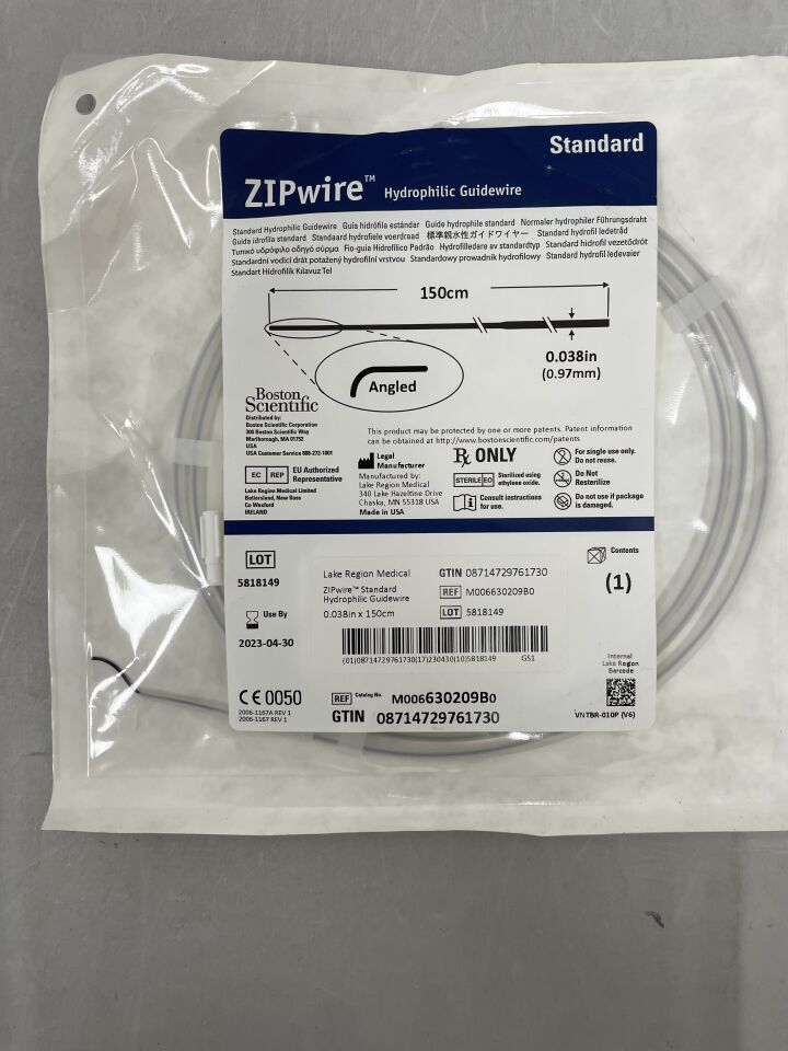 630209B - BOSTON SCIENTIFIC - ZIPwire Hydrophilic guidewire, 150cm x 0.038 inch, Angled tip, (EA) - ( Expiry Date: 2023-04-30 )