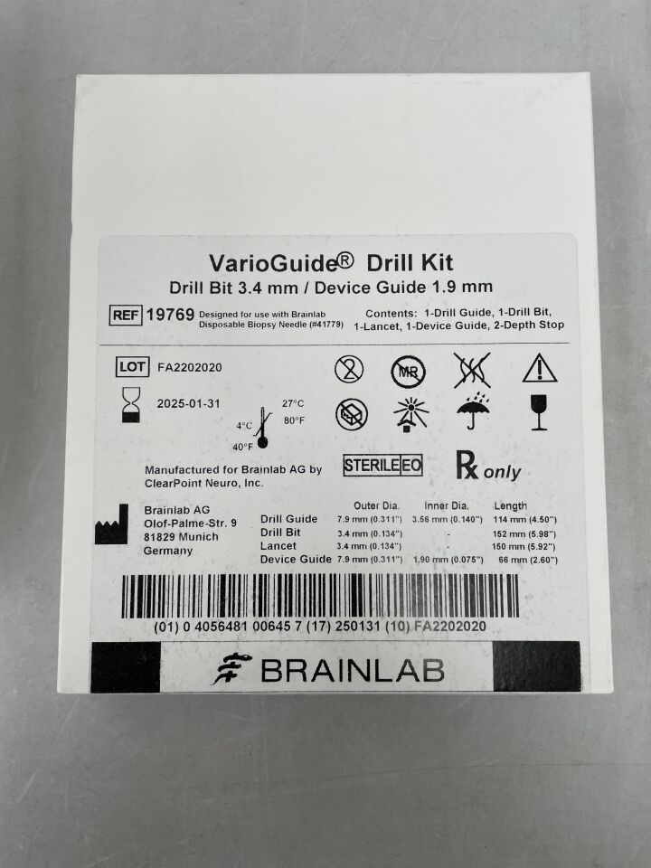 19769 - BRAINLAB - VarioGuide Drill Kit, 3.4mm Drill Bit, 1.9mm Device Guide, (BX/1) - ( Expiry Date: 2025-01-31 )