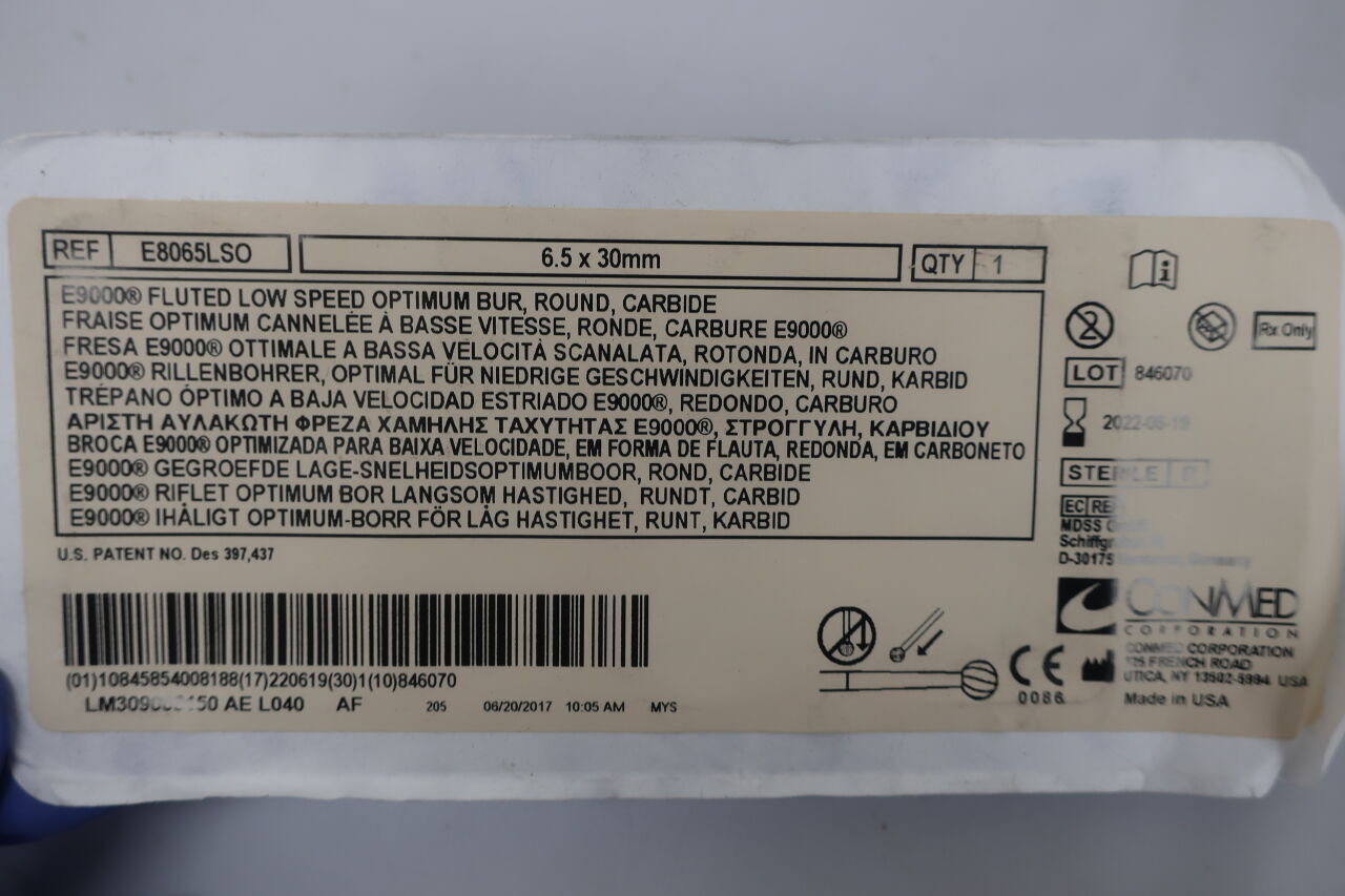 E8065LSO - CONMED - Low Speed Optimum Round Fluted E Burr, Medium, 6.5 dia. x 30 mm Length, (EA) - ( Expiry Date: 2024-06-22 )