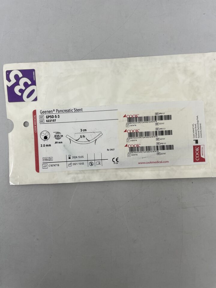 G22107 - COOK - Geenen Pancreatic Stent,  5F x 3cm, (EA) - ( Expiry Date: 2024-10-05 )