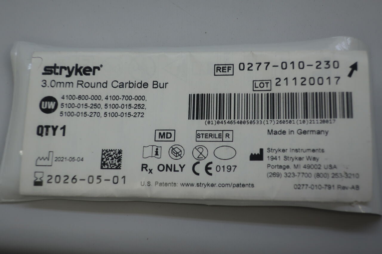 0277-010-230 - STRYKER - 3.0mm Round Carbide Bur, (EA) - ( Expiry Date: 2024-01-01 )