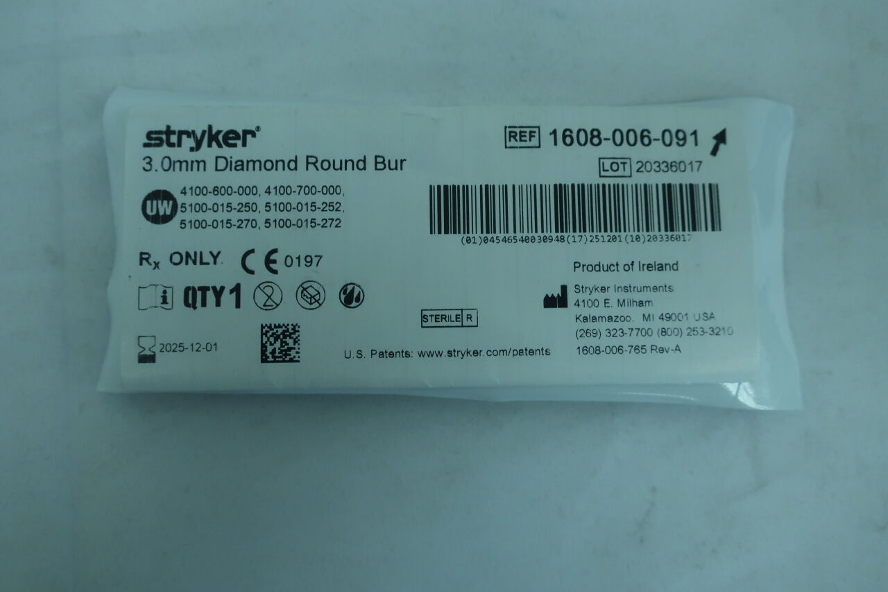 1608-006-091 - STRYKER - Diamond Round Micro Burr, 3 mm Head Diameter, 54 mm Length, (EA) - ( Expiry Date: 2025-01-01 )