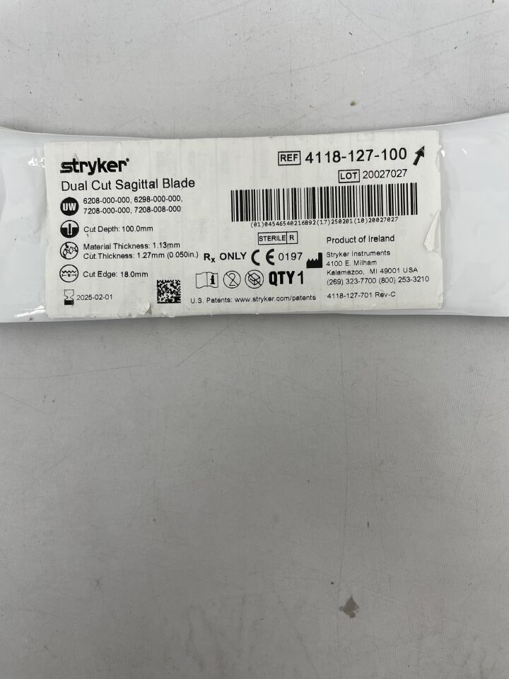 4118-127-100 - STRYKER - Dual-Cut Sagittal Blade 18mm x 100mm x 1.27mm, (EA) - ( Expiry Date: 2025-02-01 )