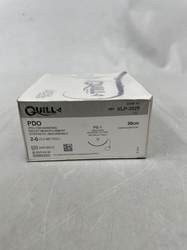 VLP-3029 - SURGICAL SPECIALTIES - 2-0 Quill PDO Barbed violet 12" (30cm) PS-1 Reverse Cutting, Unidirectional, (BX/12) - ( Expiry Date: 2025-04-30 )