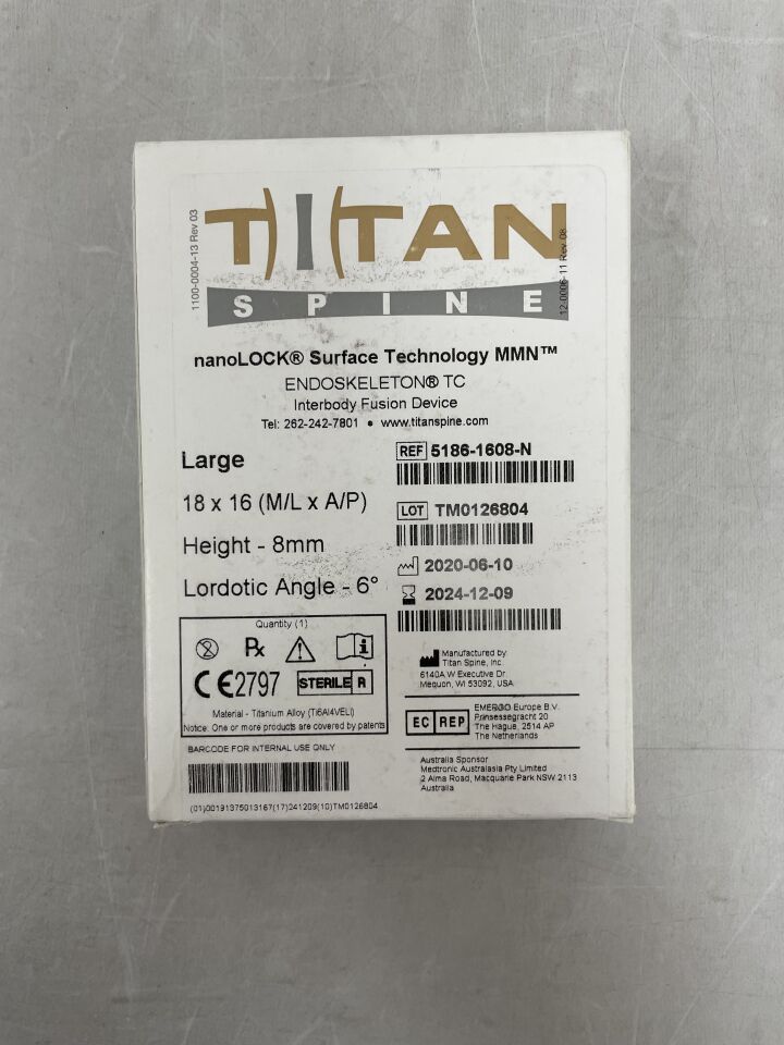 5186-1608-N - TITAN SPINE - nanoLOCK Surface Technolgy MMN, ENDOSKELETON TC, Interbody Fusion Device, 8mm, (BX/1) - ( Expiry Date: 2024-12-09 )