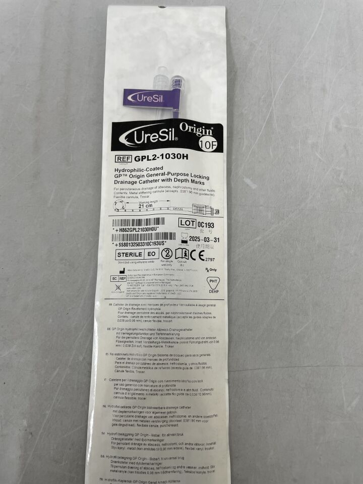 GPL2-1030H - URESIL - UreSil Origin Hydrophilic GP Origin Locking Drainage Catheter, 10F x 21cm, (EA) - ( Expiry Date: 2025-03-31 )
