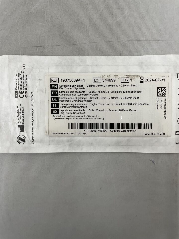19-0750-89A-F1 - ZIMMER - Stablecut Oscillating Flat Saw Blade, 75mm x 19mm x .89mm, (EA) - ( Expiry Date: 2024-07-31 )