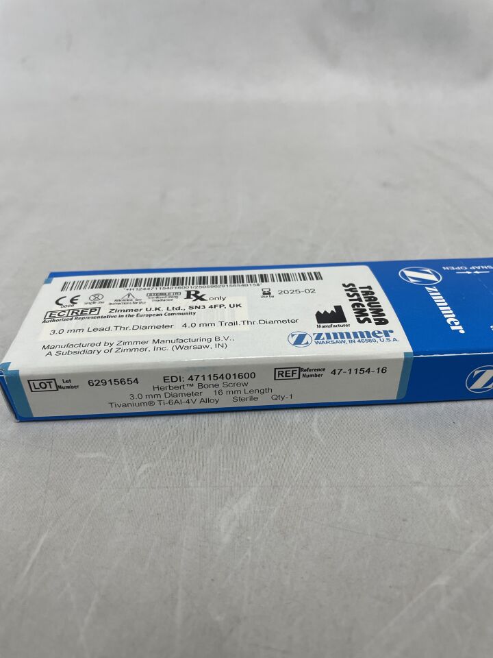 47-1154-16 - ZIMMER - Herbert Bone Screw, 3.0mm diameter, 16mm length, 4.0mm trail thread diameter, (BX/1) - ( Expiry Date: 2025-03-14 )