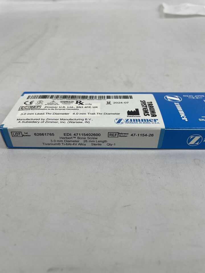 47-1154-26 - ZIMMER - Herbert Bone Screw, 3.0mm diameter, 26mm length, 4.0mm trail thread diameter, (BX/1) - ( Expiry Date: 2024-07-01 )