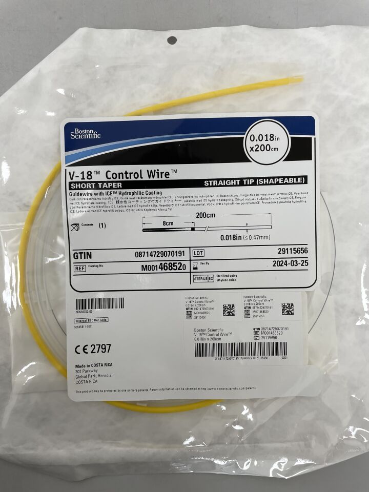 46852 - BOSTON SCIENTIFIC - V-18 Control Wire Short Taper Straight Tip (Shapeable) Guidewire With ICE Hydrophilic Coating 0.018" x 200cm, (EA) - ( Expiry Date: 2024-03-25 )