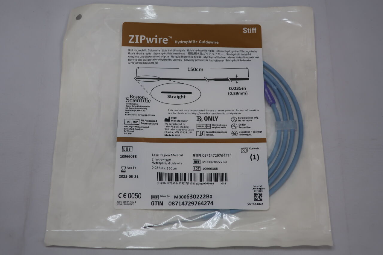 630222B - BOSTON SCIENTIFIC - ZIPwire Nitinol Hydrophilic Coated Guidewire, 0.035 in dia. x 150 cm Length, (EA) - ( Expiry Date: 2023-11-30 )