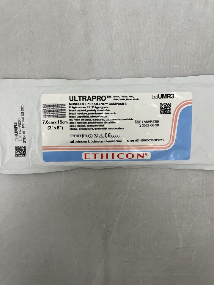 UMR3 - ETHICON - Ultrapro Flat Hernia Mesh, 7.6 x 15 cm, Rectangle, (EA) - ( Expiry Date: 2022-06-30 )