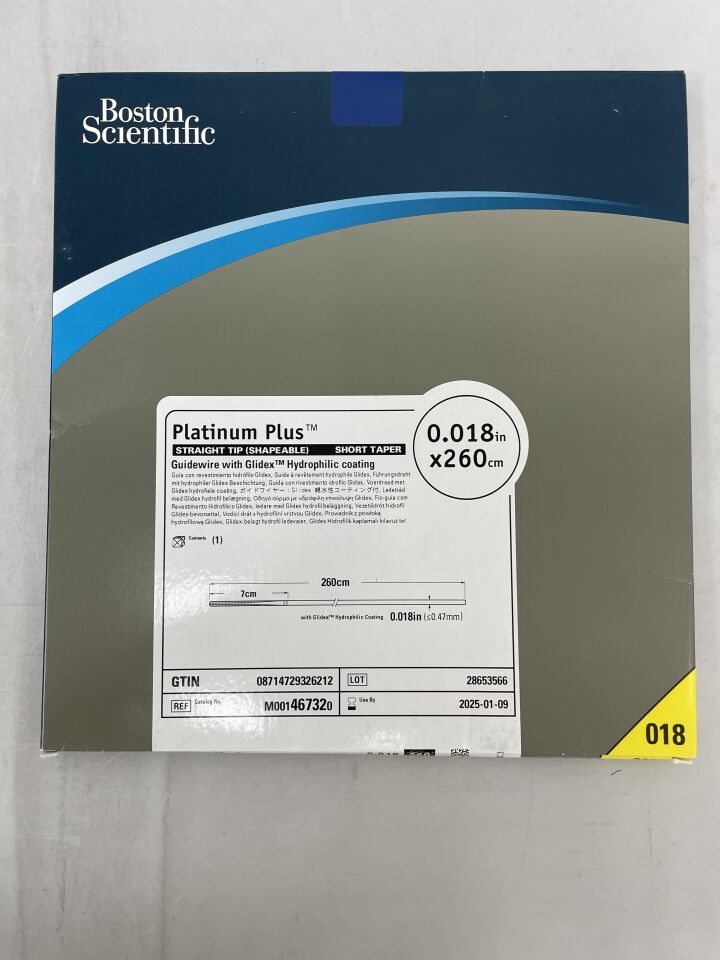 46732 - BOSTON SCIENTIFIC - Platinum Plus Guidewire - Glidex Hydrophilic Coating - Straight Tip (Shapeable), Short Taper - .018" x 260cm, (BX/1) - ( Expiry Date: 2025-01-09 )