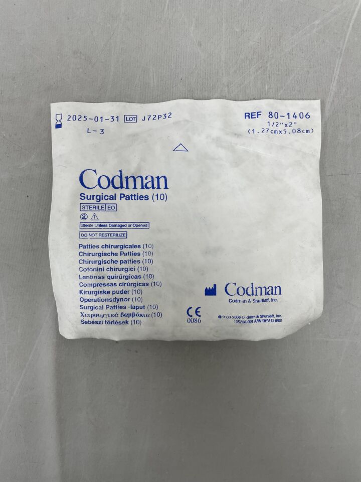 80-1406 - CODMAN - Surgical Patties 1/2in. x 2in, (EA) - ( Expiry Date: 2025-01-31 )