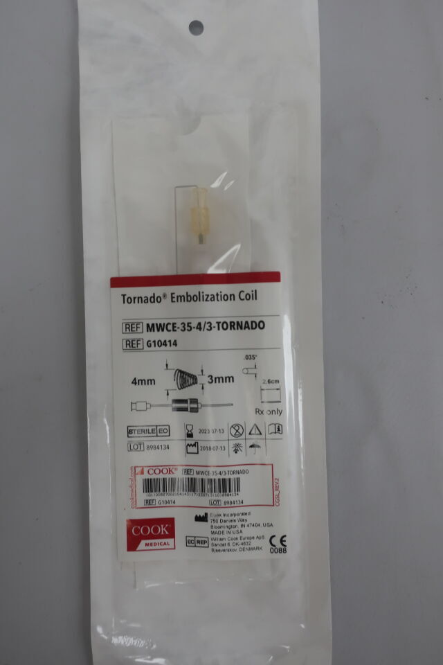 G10414 - COOK - Tornado Sterile Fibered Platinum Embolization Coil, 4 to 3 mm dia. x 2.6 cm Embolus Length, (EA) - ( Expiry Date: 2021-07-12 )
