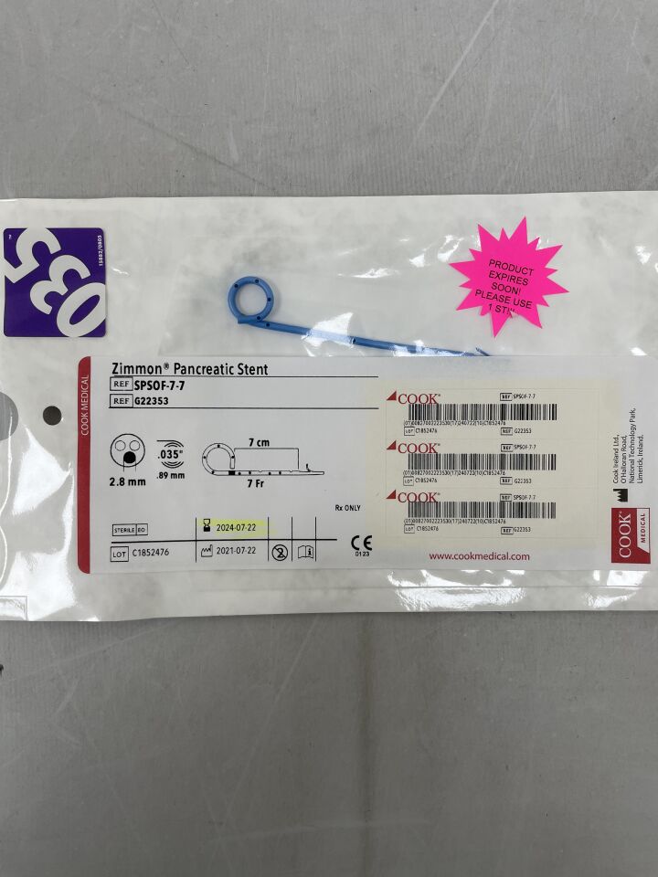 G22353 - COOK - Zimmon Pancreatic Stent, 7F X 7CM, (EA) - ( Expiry Date: 2024-07-22 )