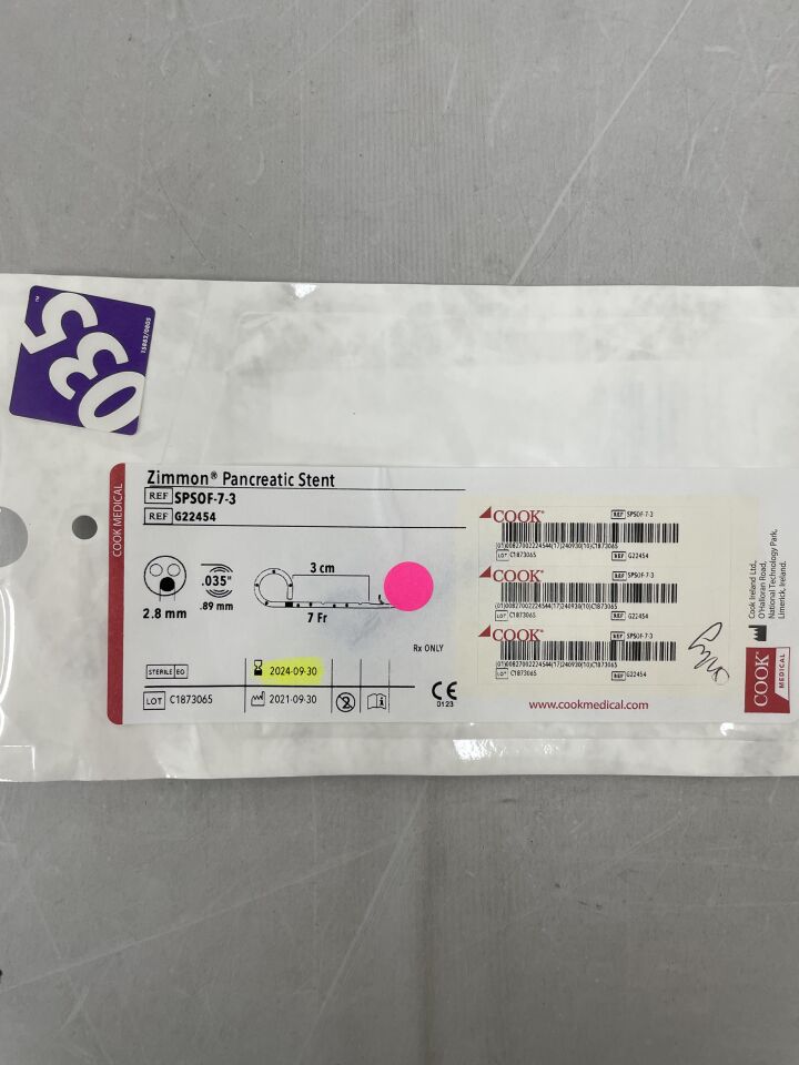 G22454 - COOK - Zimmon Pancreatic Stent, 7Fr x 3cm, (EA) - ( Expiry Date: 2024-09-30 )