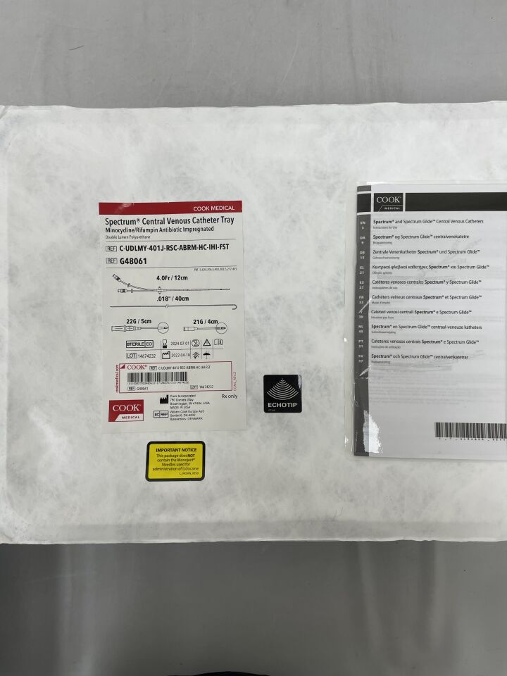 G48061 - COOK - Spectrum, Central Venous Catheter Tray Minocycline/Rifampin Antibiotic Impregnated Double Lumen Polyurethane, 4Fr, 40cm, (EA) - ( Expiry Date: 2024-07-01 )