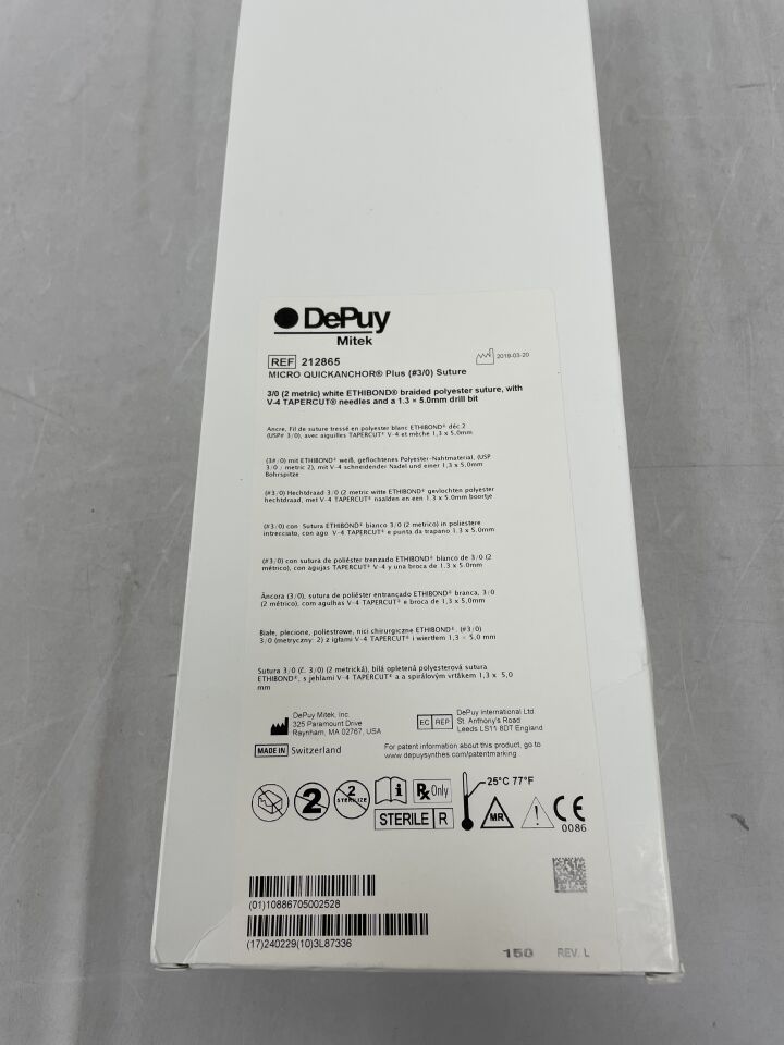 212865 - DEPUY - Micro Quickanchor Plus White Ethibond Braided Polyester Suture, Size 3-0,V-4 needle, (BX/1) - ( Expiry Date: 2024-02-29 )