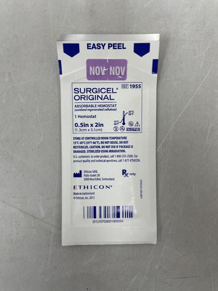 1955 - ETHICON - Surgicel Original Absorbable Hemostat 0.5in x 2in, (EA) - ( Expiry Date: 2024-11-30 )