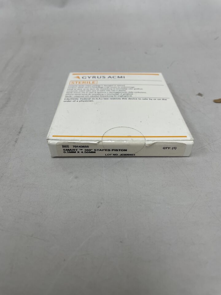 70143655 - GYRUS ACMI - SMart 360 Stapes Piston Nitinol/Fluoroplastic 0.5mm x 4.50mm, (BX/1) - ( Expiry Date: 2025-02-28 )
