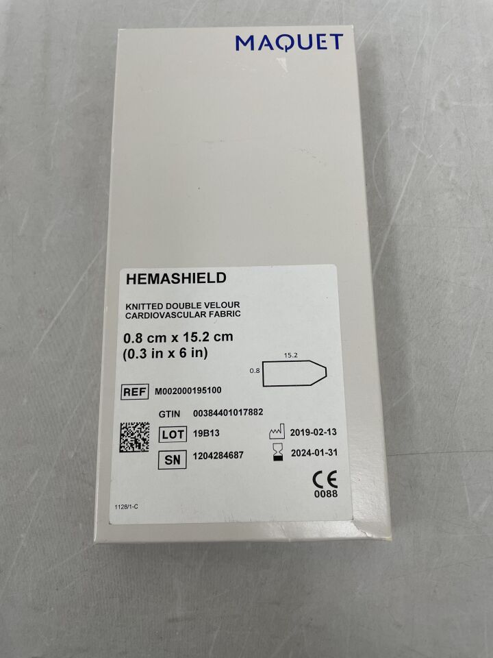 M002000195100 - MAQUET - HEMASHIELD Knitted Double Velour Cardiovascular Fabric, 0.8cm x 15.2cm, (BX/1) - ( Expiry Date: 2024-01-31 )