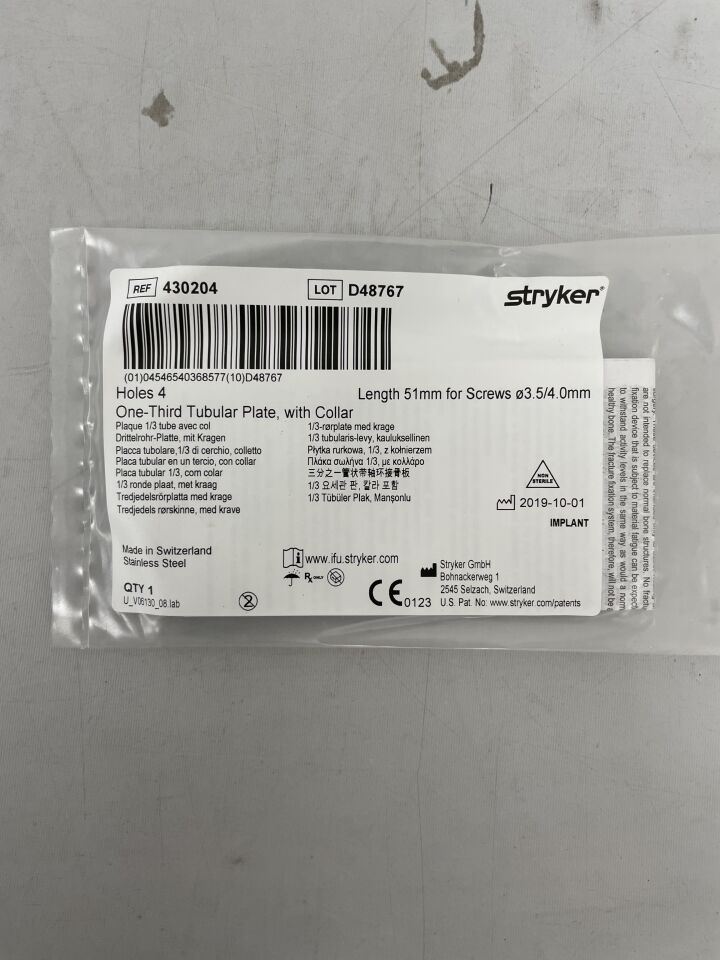 430204  -  STRYKER  -  Stainless Steel One-Third Non-Locking Tubular Plate with Collars, 4 Holes, 51mm , ( EA )  -  ( Expiry Date : 2099-12-31 )