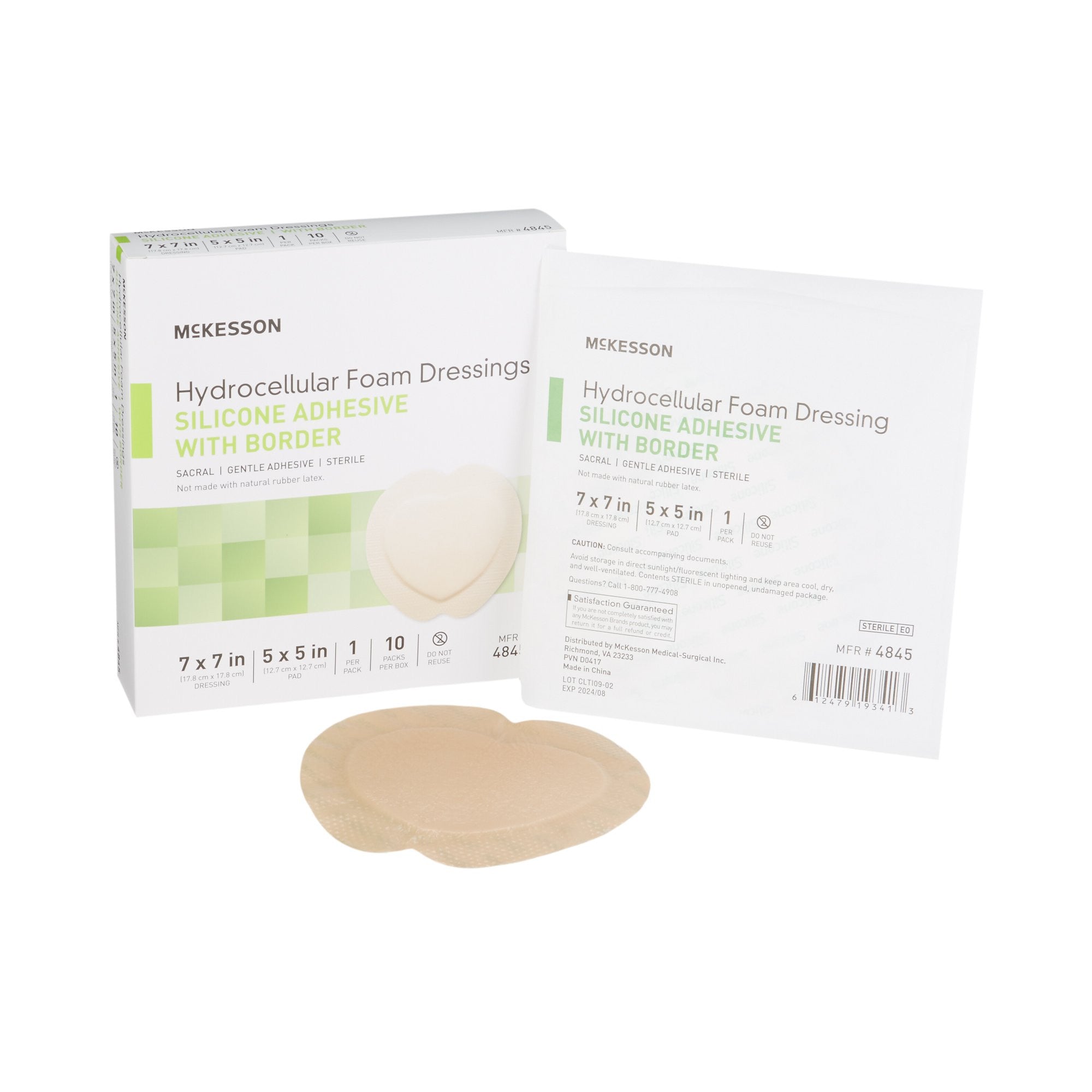 886434 - McKesson - McKesson 5-Layer Foam Dressing 7 X 7 Inch With Border Film Backing Silicone Gel Adhesive Sacral Sterile, 4845, Case of 200, (CS)