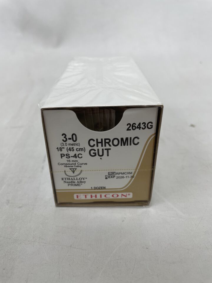 2643G - ETHICON - 外科腸線縫合 - 鉻製，精密尖端 - 反向切割，可吸收，PS-4C 16mm 半圓複合彎頭，鉻製單絲 18" = 45cm，規格：3-0，（盒/12）-（有效期至：2026-11-30）