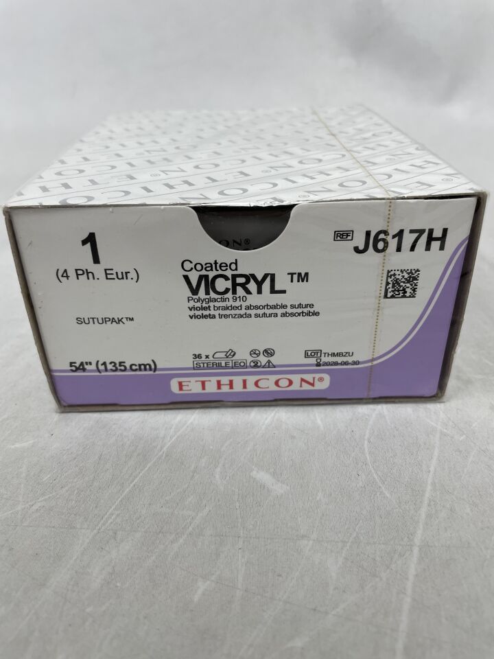 J617H - ETHICON - 塗層維克瑞爾（聚乳酸-羥基乙酸共聚物 910）縫合線，標準長度和短長度縫合線，可吸收，紫色編織，54 英寸（135 厘米），規格：1，（盒/36）-（有效期至：2028-06-30）