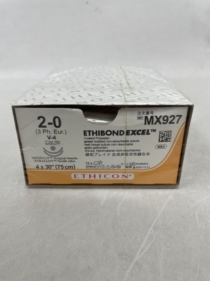 MX927 - ETHICON - ETHIBOND EXCEL 聚酯縫合線，TAPERCUT，不可吸收，V-4 17mm / V-4 3/8 圓，綠色編織 4-30" = 75cm，尺寸：2-0，（盒/12）-（有效期至：2025-12-31）