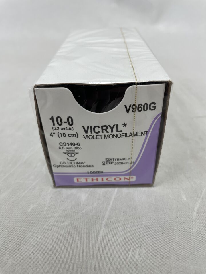 V960G - ETHICON - Vicryl 可吸收單絲聚乳酸-羥基乙酸共聚物 910 縫合線，10-0 號，4 英寸長，CS140-6 針，（盒裝/12）-（有效期至：2028-01-31）