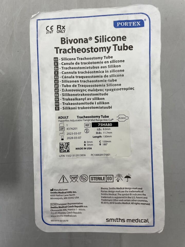 75HA80 - SMITHS MEDICAL - Tubo de traqueotomía Hyperflex Portex Bivona Aire-Cuf de rango medio para adultos con brida de cuello ajustable, 8,0 mm (unidad) - (Fecha de caducidad: 07/03/2028)