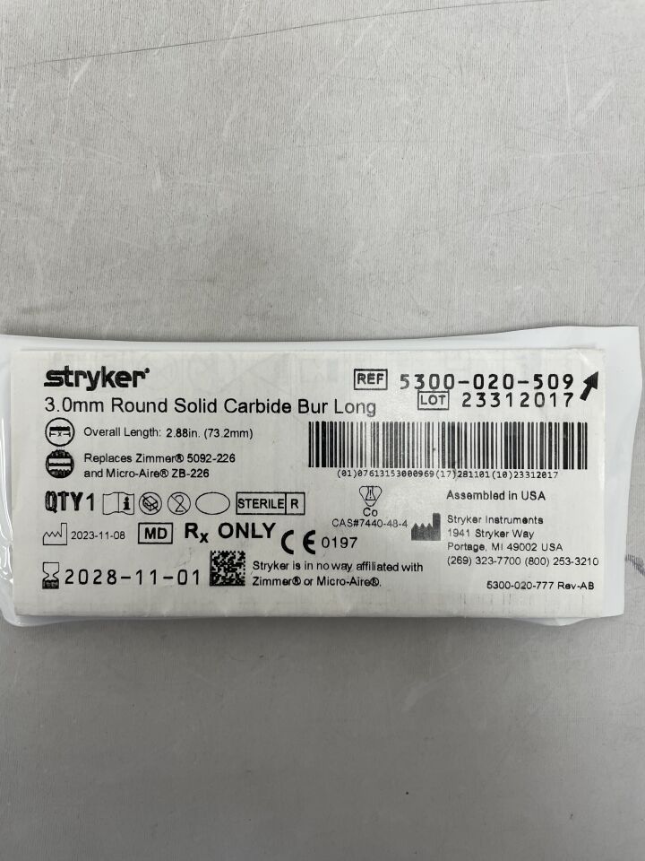 5300-020-509  -  STRYKER  -  3.0mm Round Solid Carbide Bur, Long , ( EA )  -  ( Expiry Date : 2028-11-01 )