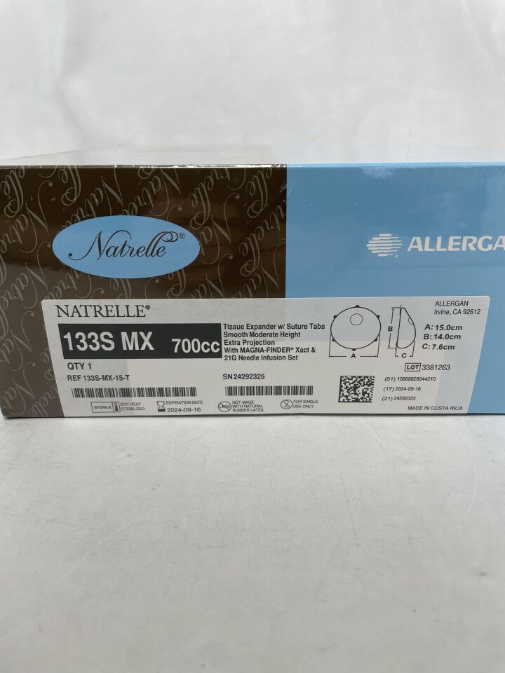 133S-MX-15-T - ALLERGAN - NATRELLE Tissue Expander with Suture Tabs, Smooth Moderate Height, Extra Projection, 700cc, (BX/1) - ( Expiry Date: 2024-09-16 )